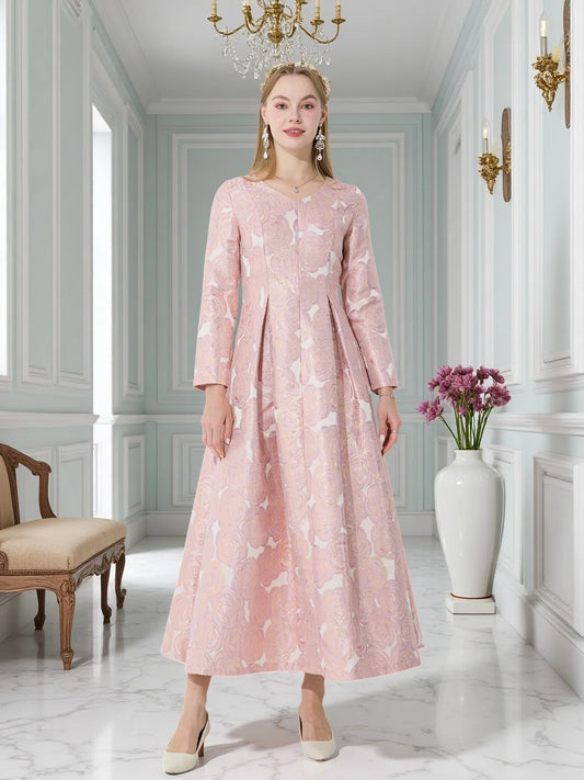 French Elegant V-Neck Long-Sleeve Dress Jacquard Rose Waist-Defined Flared Long Dress Light Luxury Stylish Commute Date Teadress