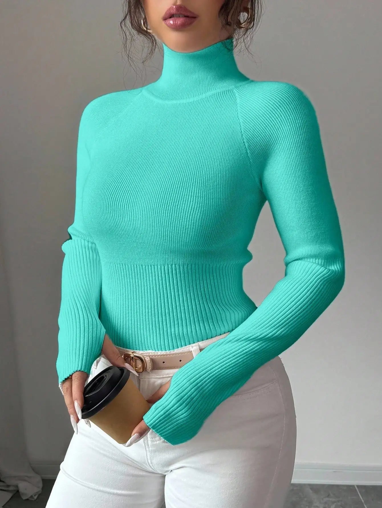 White Ribbed Turtleneck Knit Top for Women - Slim Fit Long Sleeve Sweater for Fall Winter Daily Wear
