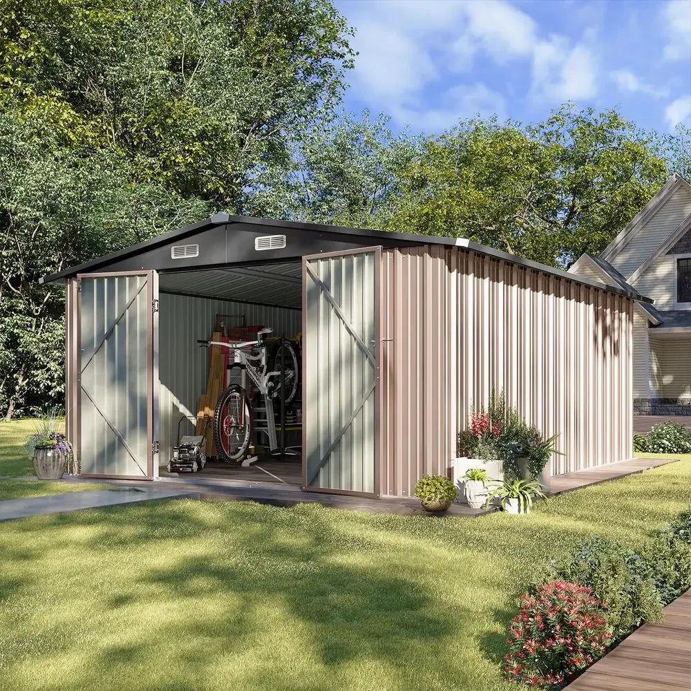 10 x 12FT Outdoor Storage Shed with Double Hinged Large Door Utility Garden Shed with Lockable Door amp Sloped Roof Metal Sheds