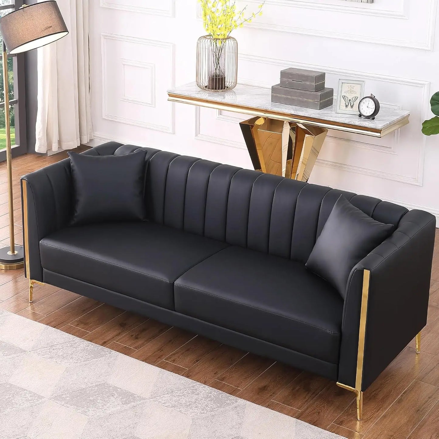 78'' Couch Sofa, Modern White Couches for Living Room with 2 Throw Pillows, Comfy Faux Leather Sofa 3 Seater with Gold Metal Leg