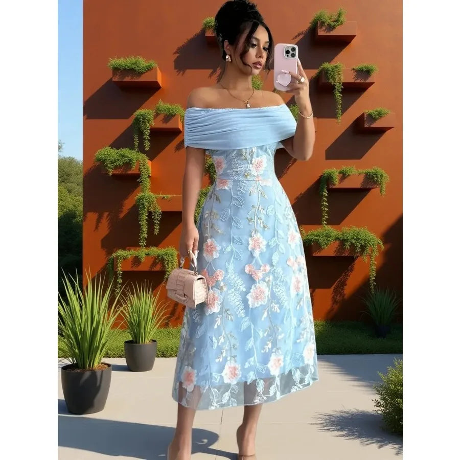 Direction 7963 Blue Floral Embroidery Patchwork Solid Off-Shoulder Neckline Elegant Party Women'S Dress Bridesmaid Gown Evening