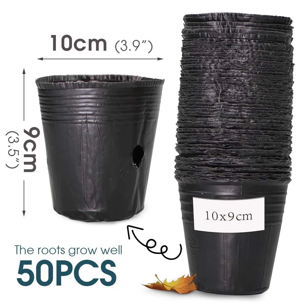 50pcs Plastic Black Seedling Nursery Pots Seed Starting Grow Bag Flower Plant Breathable Container Garden Vegetable Box Cuttings
