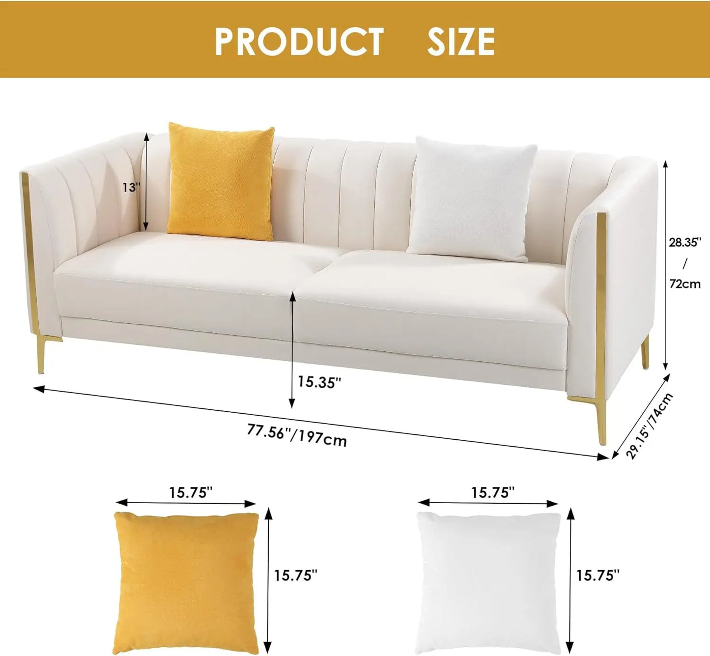 78'' Couch Sofa, Modern White Couches for Living Room with 2 Throw Pillows, Comfy Faux Leather Sofa 3 Seater with Gold Metal Leg