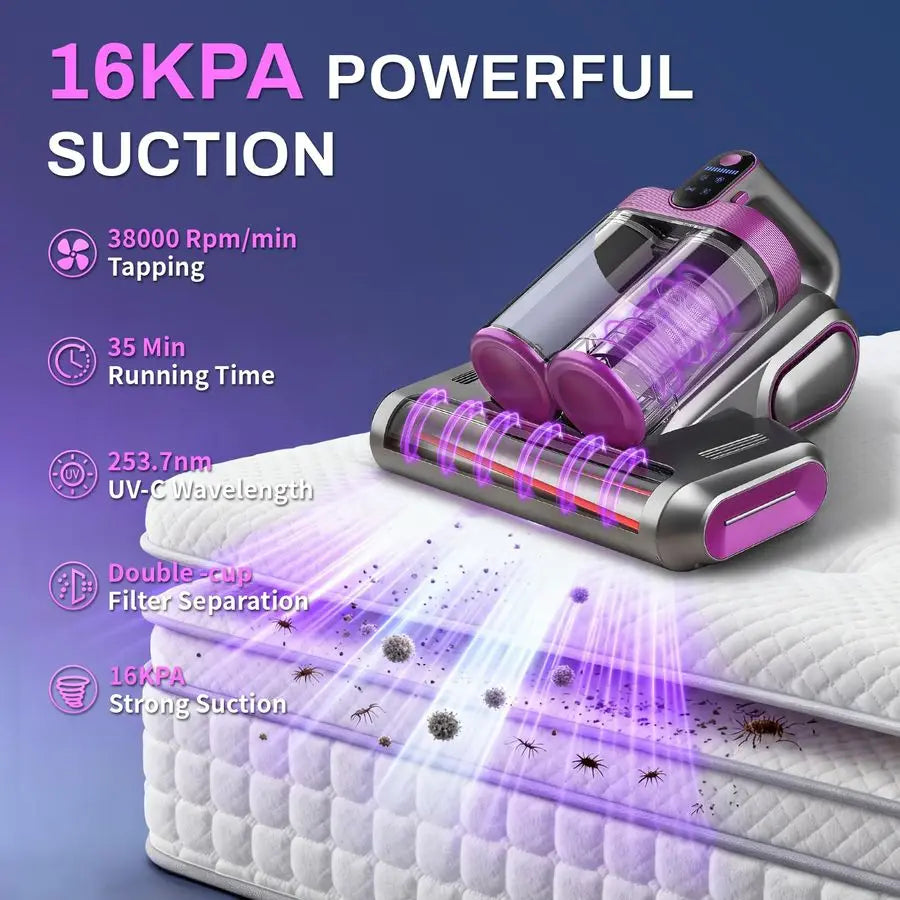 Mattress Vacuum Cleaner, 16kpa Bed Vacuum Cleaner with 253.7nm UvC Light amp Ultrasonic Tech Dual Bins for Dust amp Widen Suctio