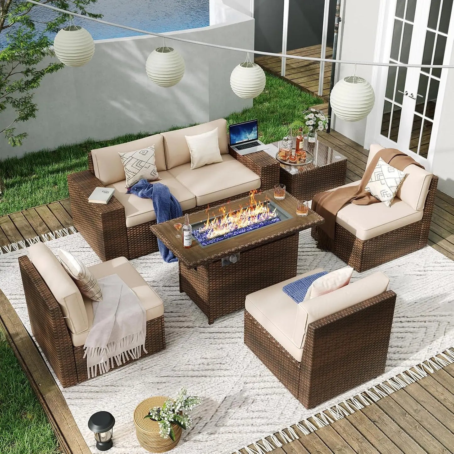 7 Piece Patio Furniture Set with 44 Inch Fire Pit Table Outdoor Wicker Parlor Set with Thick Cushions