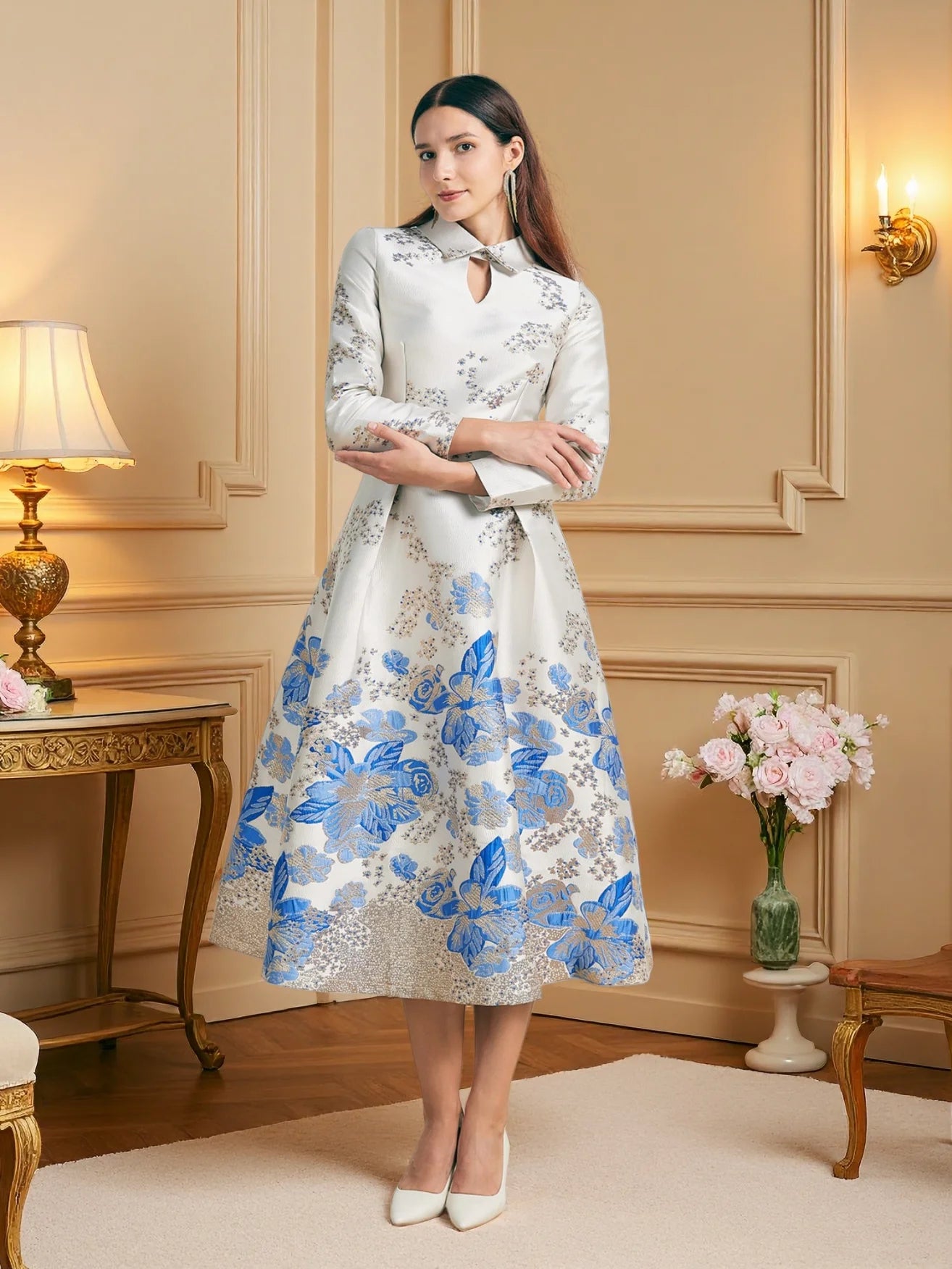 Champagne Pink Gradient Jacquard Dress with Mandarin Collar Lace-Up Waist Flared Hem — Light Luxury Banquet Gown