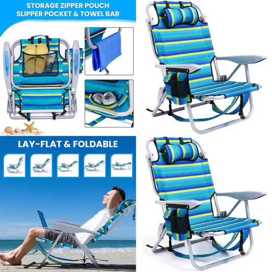 Adult Portable Beach and Camping Chair, Foldable Backpack Style with 5 Recline Positions, Headrest, and Cup Holder, Heavy Duty S