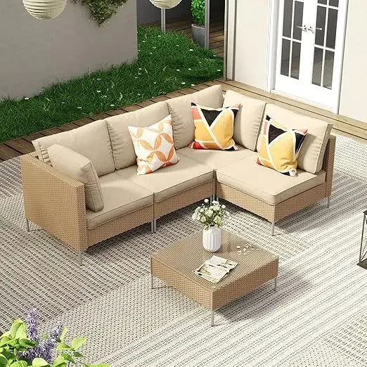 5 Pieces Wicker Patio Furniture Set, Outdoor Conversation Set Sectional Sofas with Cushions and Glass-top Tea Table