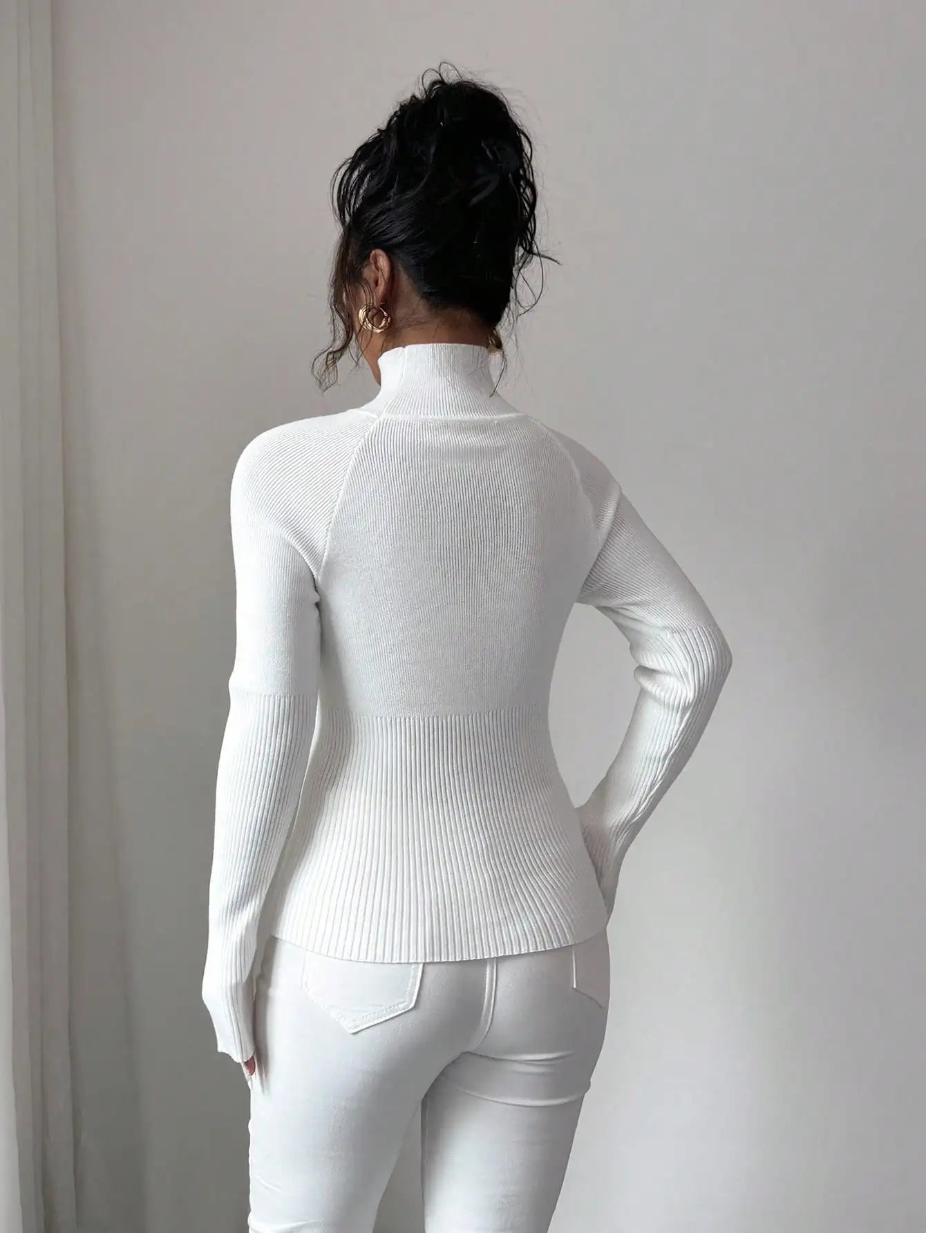 White Ribbed Turtleneck Knit Top for Women - Slim Fit Long Sleeve Sweater for Fall Winter Daily Wear