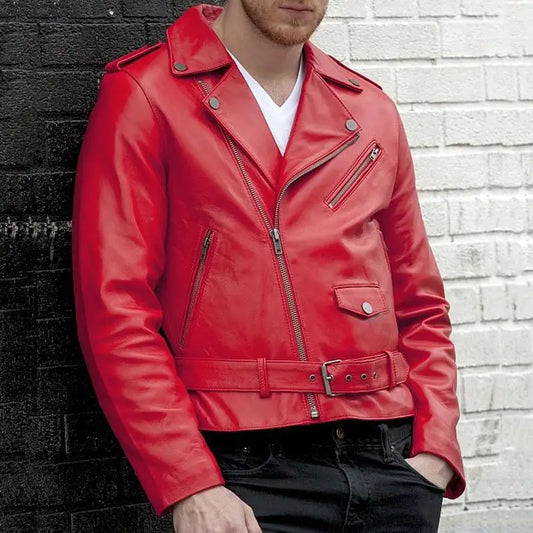 Hot Sale Of The Season New Men's Biker Leather Jacket Red Outerwear Punk Style Spring Autumn European Size PU Leather Straigh...