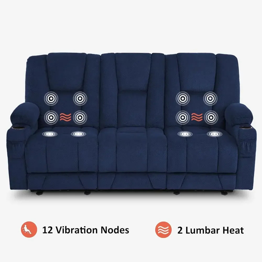 Bestseller3-Seater Reclining Sofa with Heat, Vibration Massage, and Navy Blue Fabric