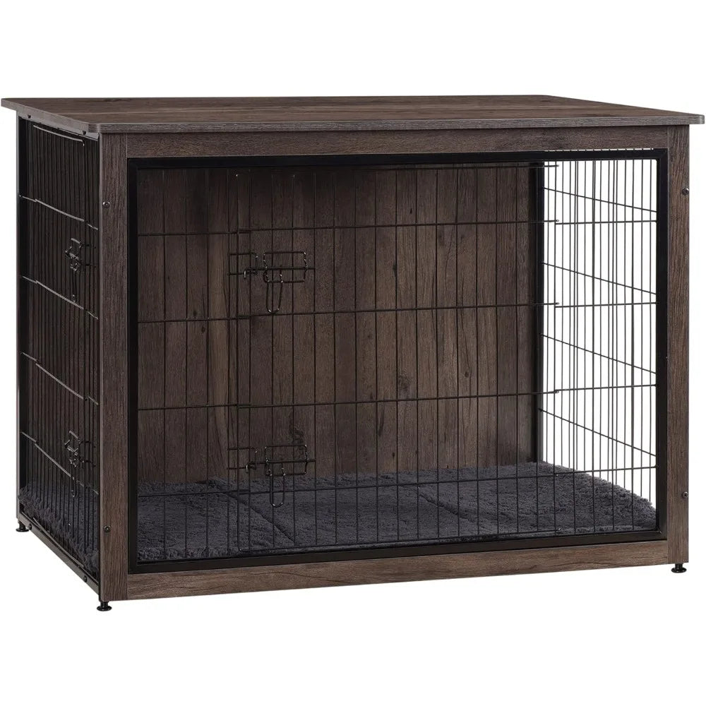 Dog Crate Furniture with Cushion, Wooden Kennel Table with Double Doors, Indoor Dog House, Extra Large Size, 43.3" L, Dark Gray