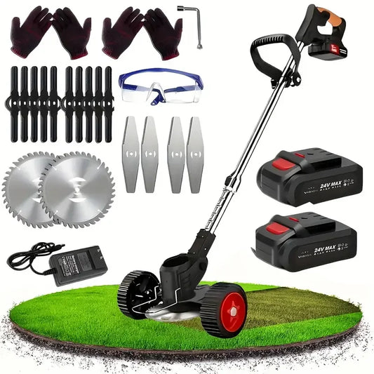 Cordless Lawn Trimmer Weed Wacker Lawn Mower Grass Edger with 2 Li-Ion Batteries Powered & 3 Cutting Blade Types