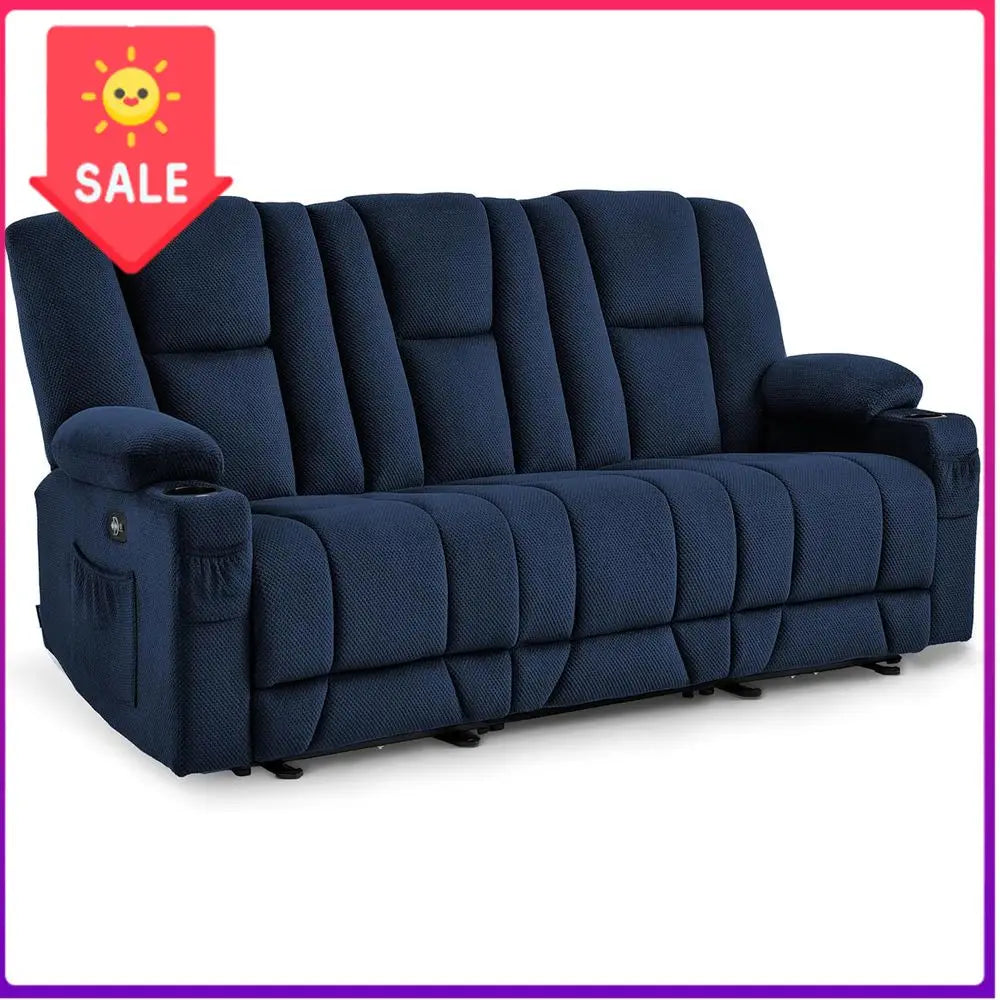 Bestseller3-Seater Reclining Sofa with Heat, Vibration Massage, and Navy Blue Fabric
