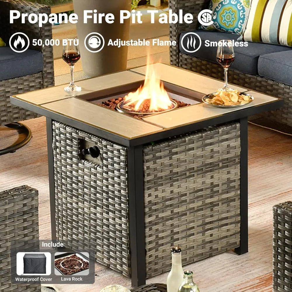 30 Inch Outdoor Patio Fire Pit Table, 50,000 BTU Heater PE Rattan Propane Firepits with Ceramic Tabletop, Waterproof Cover
