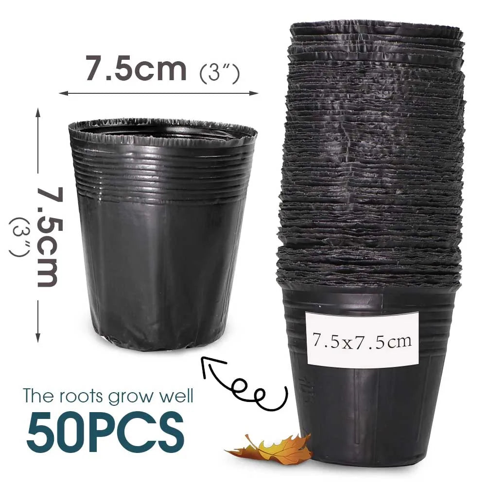 50pcs Plastic Black Seedling Nursery Pots Seed Starting Grow Bag Flower Plant Breathable Container Garden Vegetable Box Cuttings