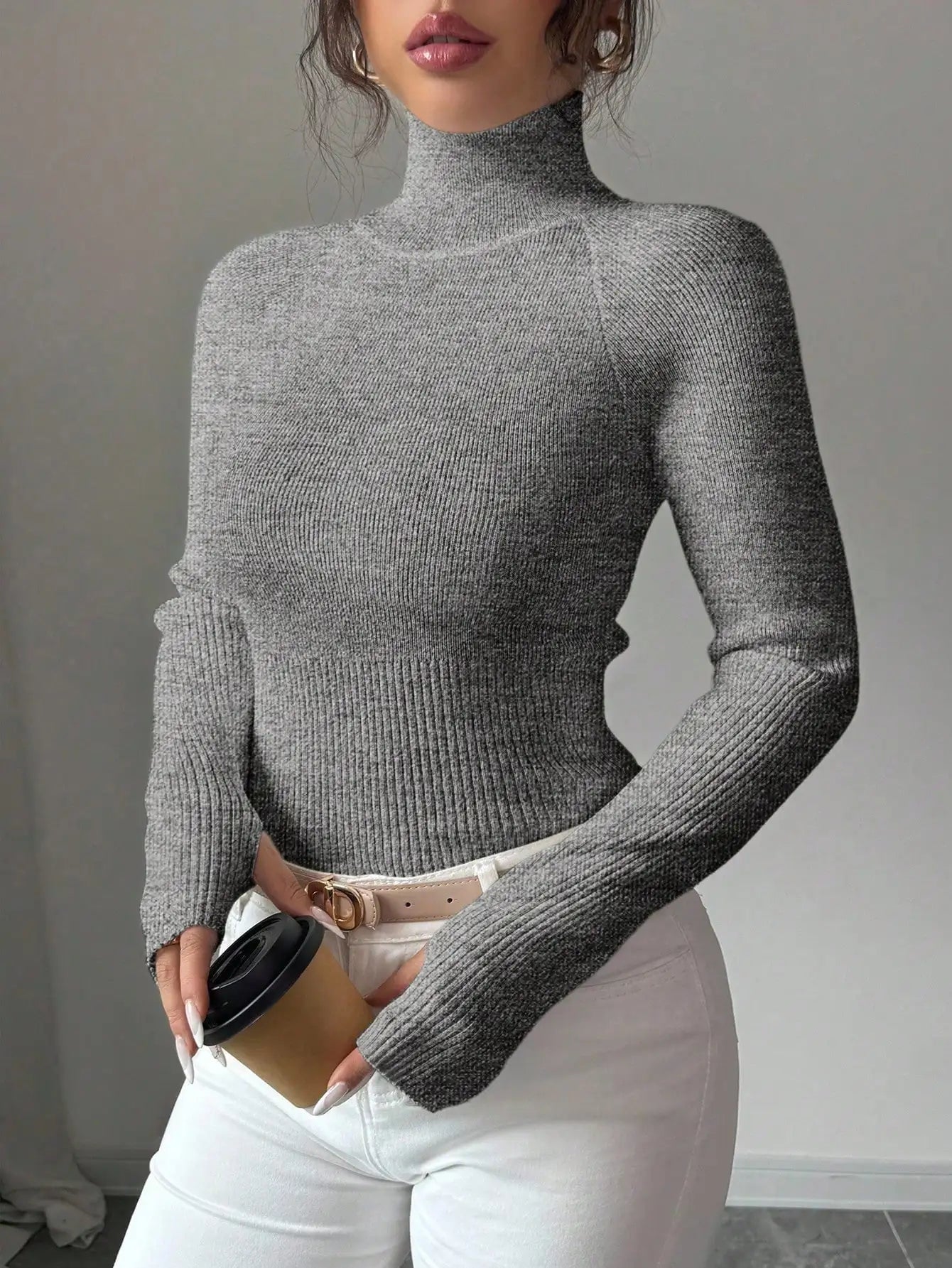 White Ribbed Turtleneck Knit Top for Women - Slim Fit Long Sleeve Sweater for Fall Winter Daily Wear