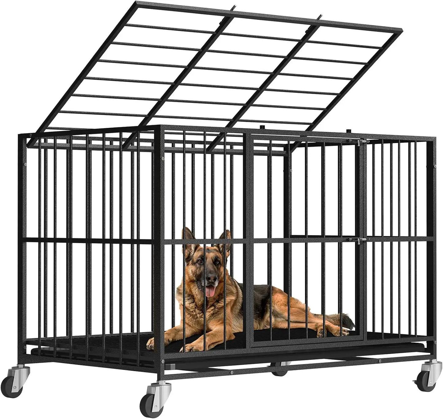 48 Inch Heavy Duty Dog Crate, Steel Escape Proof Indoor Double Door Cage with Removable Tray and Wheels for Large Dogs