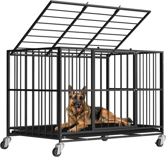 48 Inch Heavy Duty Dog Crate, Steel Escape Proof Indoor Double Door Cage with Removable Tray and Wheels for Large Dogs