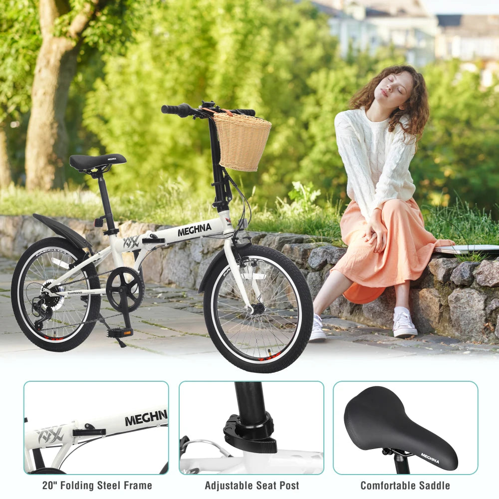 20 Inch Folding Bike for Adults with Basket, Phone Holder & Fenders, 6-Speed Steel Frame City Commuter, Dual V-Brake Portable Compact Bicycle for Men & Women