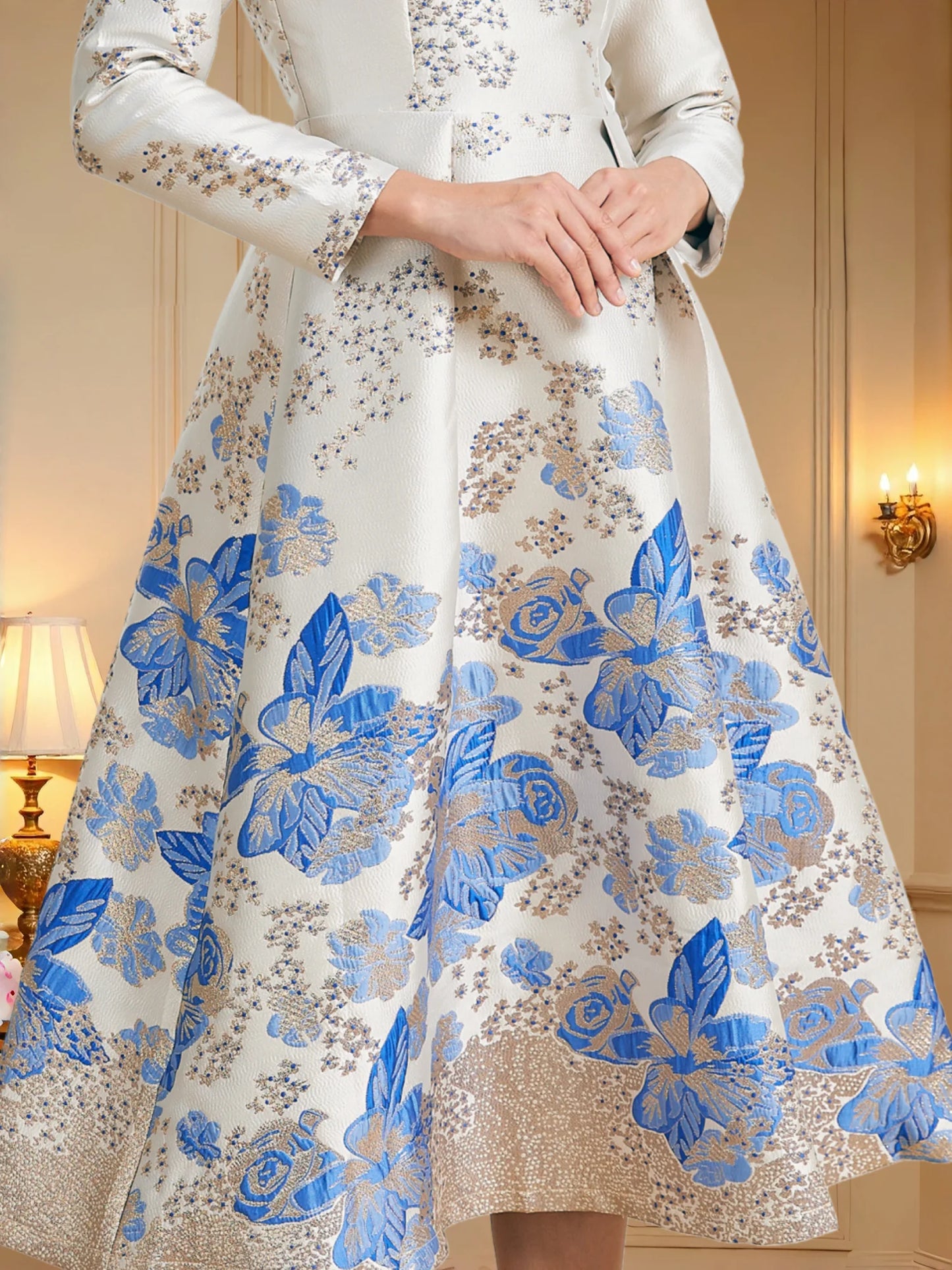 Champagne Pink Gradient Jacquard Dress with Mandarin Collar Lace-Up Waist Flared Hem — Light Luxury Banquet Gown