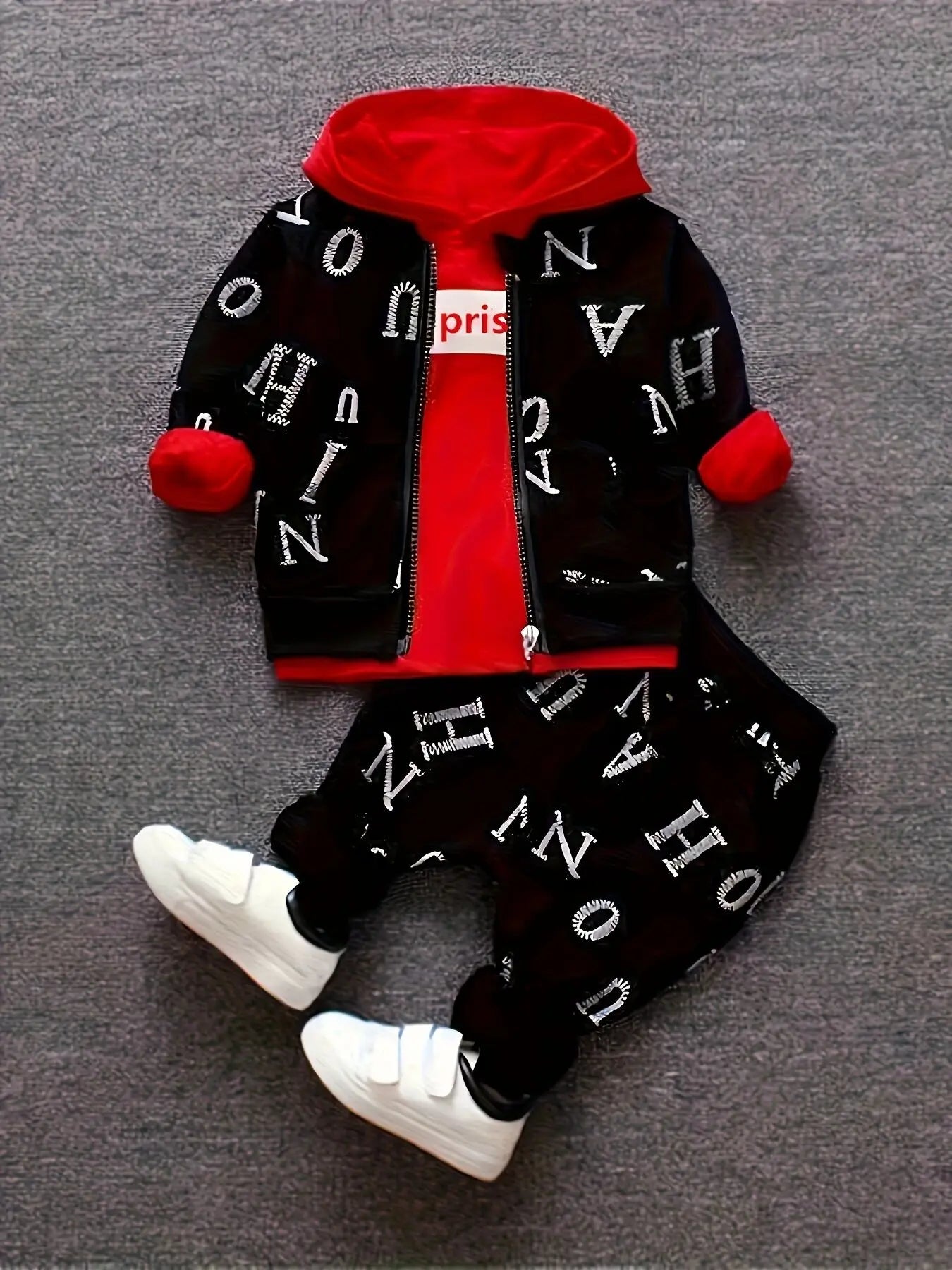 Spring and autumn boys' new fashion trend all over letter jacket Hooded Sweater boys' pants three piece set