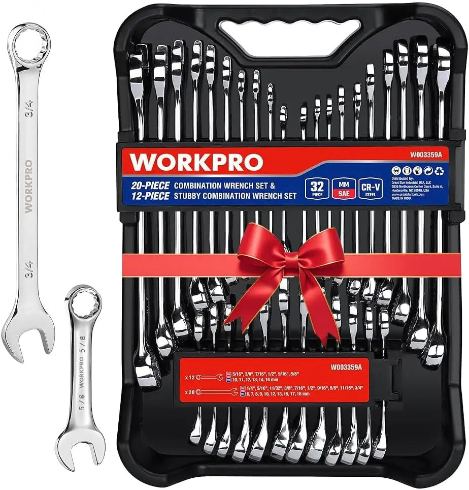 32-Piece SAE & Metric Combination Wrench Set with Stubby Wrenches and Organizer Tray, Chrome Polished Cr-V Steel