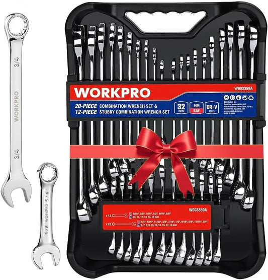 32-Piece SAE & Metric Combination Wrench Set with Stubby Wrenches and Organizer Tray, Chrome Polished Cr-V Steel