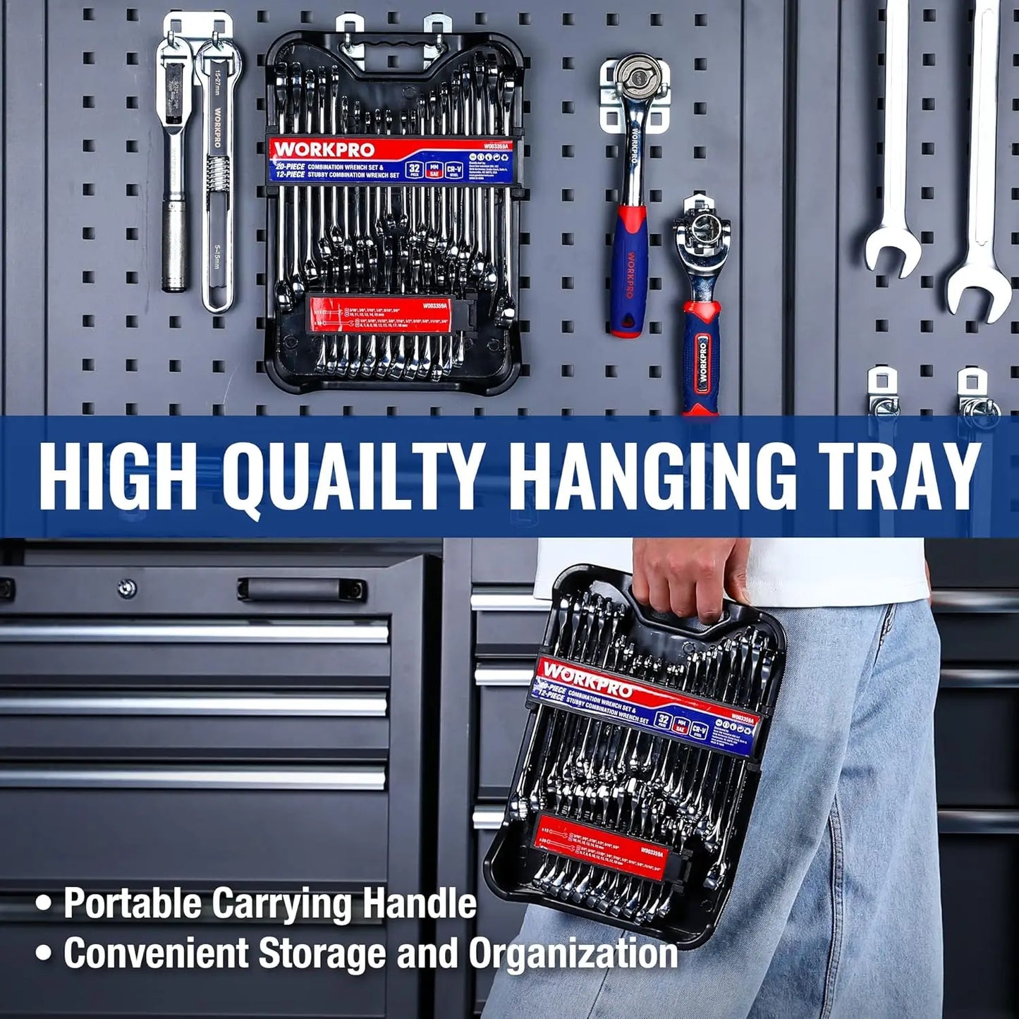 32-Piece SAE & Metric Combination Wrench Set with Stubby Wrenches and Organizer Tray, Chrome Polished Cr-V Steel