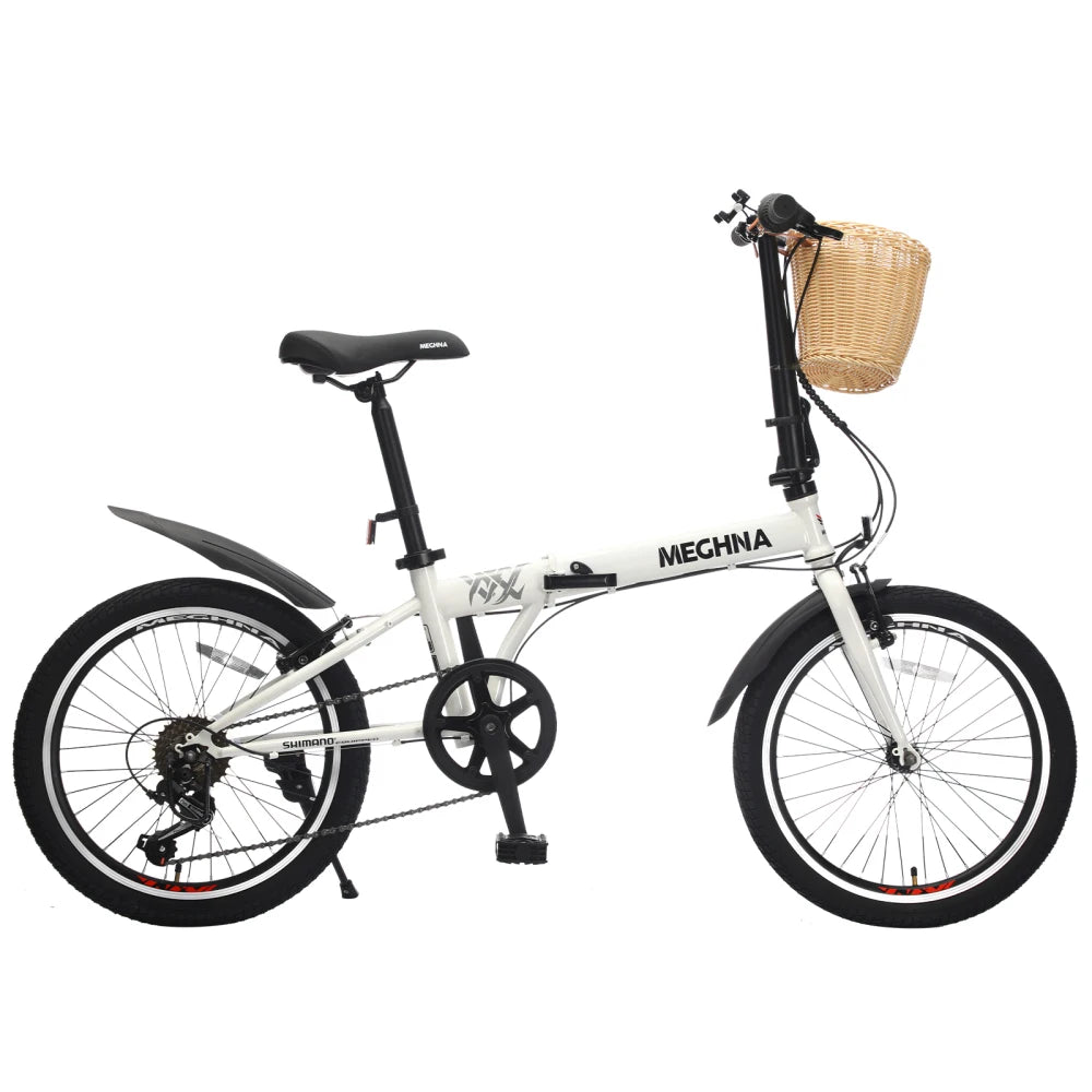 20 Inch Folding Bike for Adults with Basket, Phone Holder & Fenders, 6-Speed Steel Frame City Commuter, Dual V-Brake Portable Compact Bicycle for Men & Women