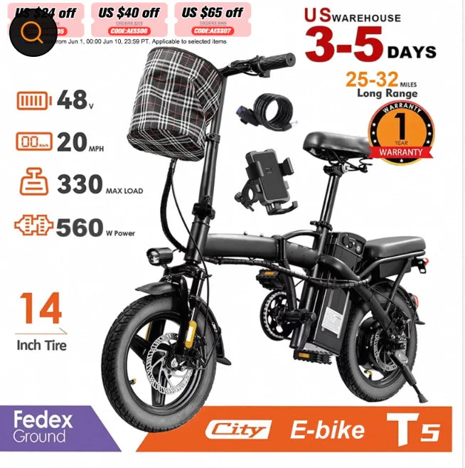 HEZZO T5 Lightweight Folding Electric Bike for Adults 48V 350W 20MPH 18-22 Miles Range 14Inch Disc Brake Commuter E-bike