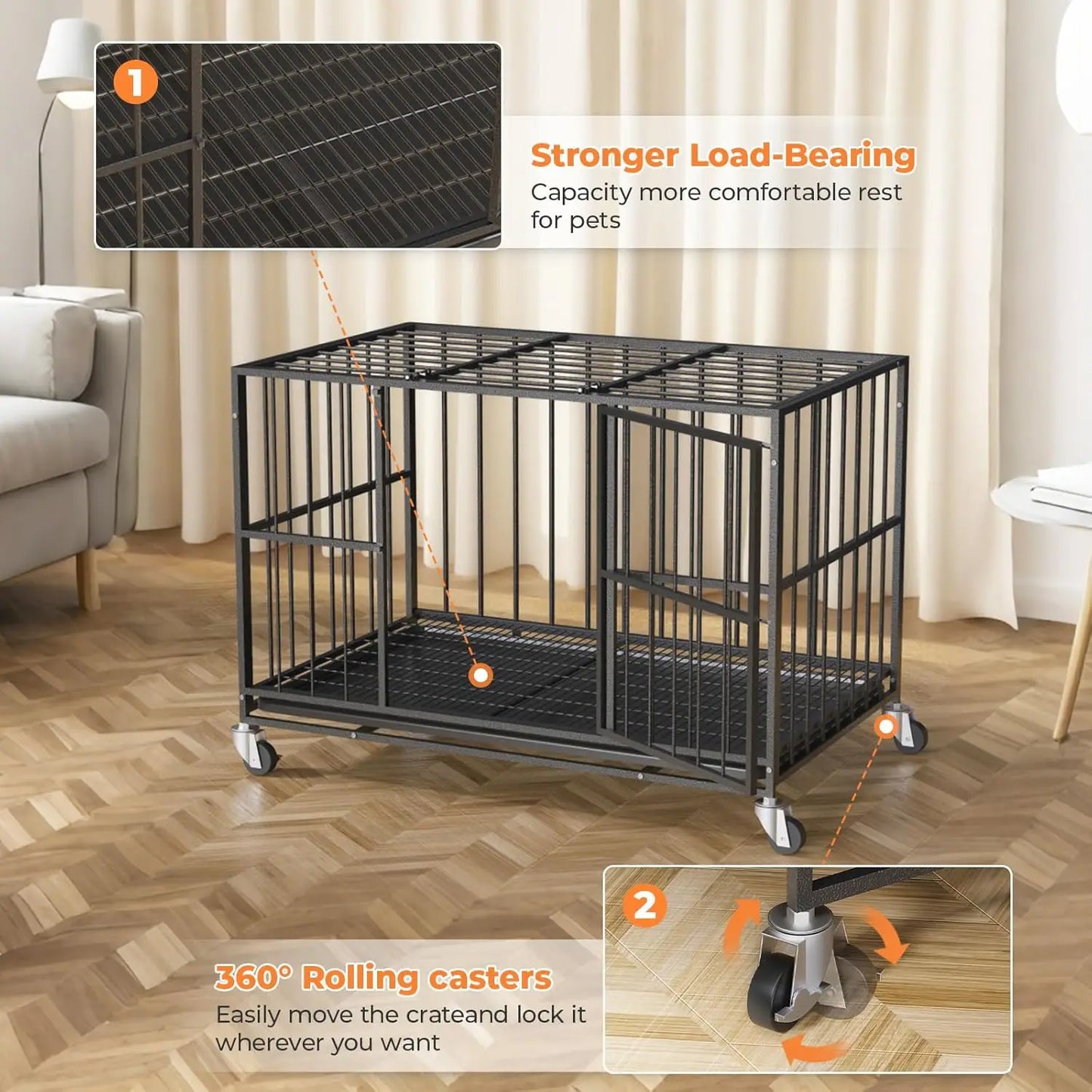 48 Inch Heavy Duty Dog Crate, Steel Escape Proof Indoor Double Door Cage with Removable Tray and Wheels for Large Dogs