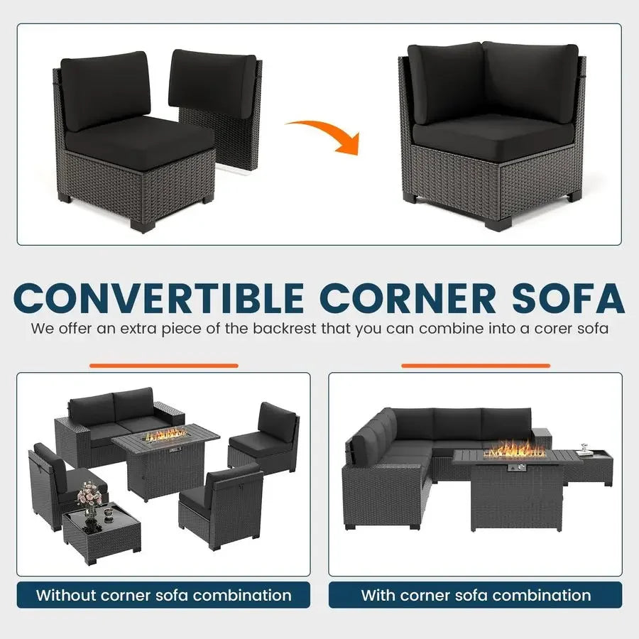 Piece Patio Furniture Set with Fire Pit Table, Outdoor Sectional Conversation Sets Black Wicker Rattan Sofa with Coffee Table f