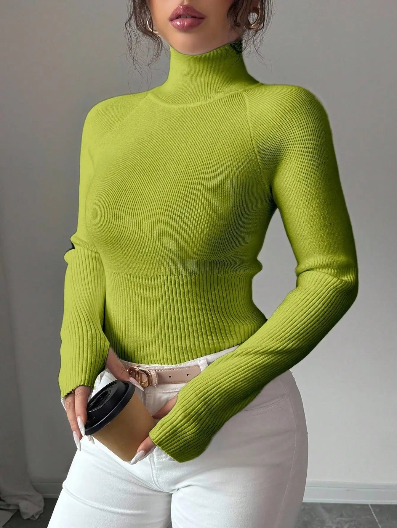 White Ribbed Turtleneck Knit Top for Women - Slim Fit Long Sleeve Sweater for Fall Winter Daily Wear