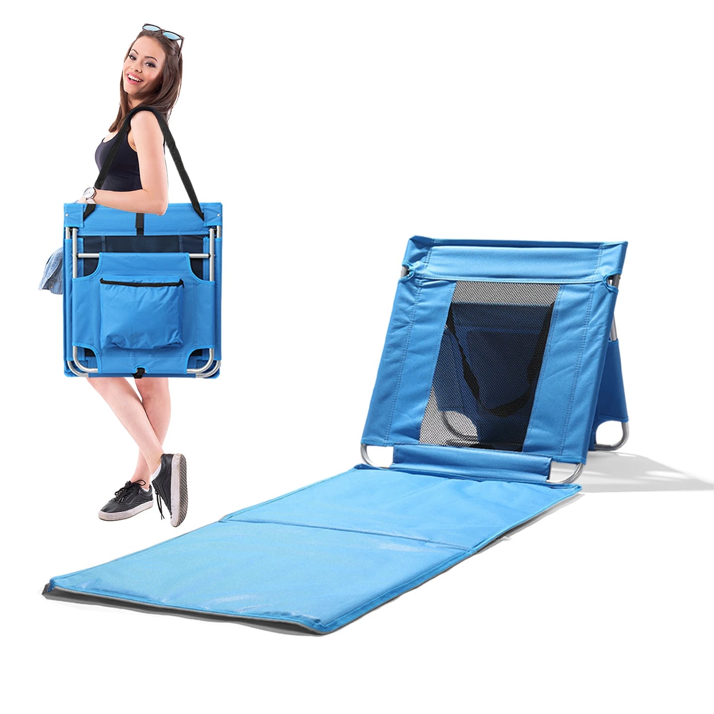 Foldable Beach Lounger Lightweight Beach Mat Lounge Chair with Breathable Mesh Back Cooler Pocket for Tanning Relaxing