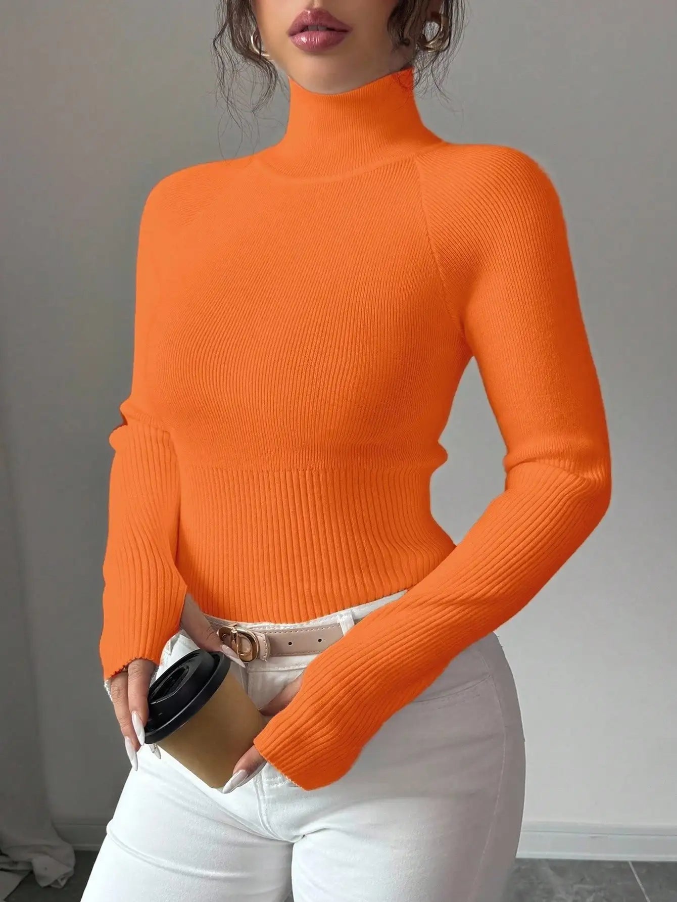White Ribbed Turtleneck Knit Top for Women - Slim Fit Long Sleeve Sweater for Fall Winter Daily Wear