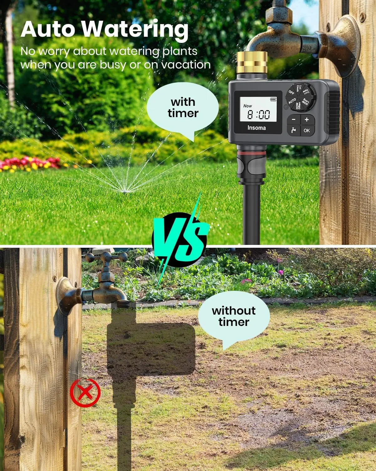 2-Piece Brass Water Timer with Rain Delay, Manual/Automatic Modes for Drip Irrigation and Lawn Watering