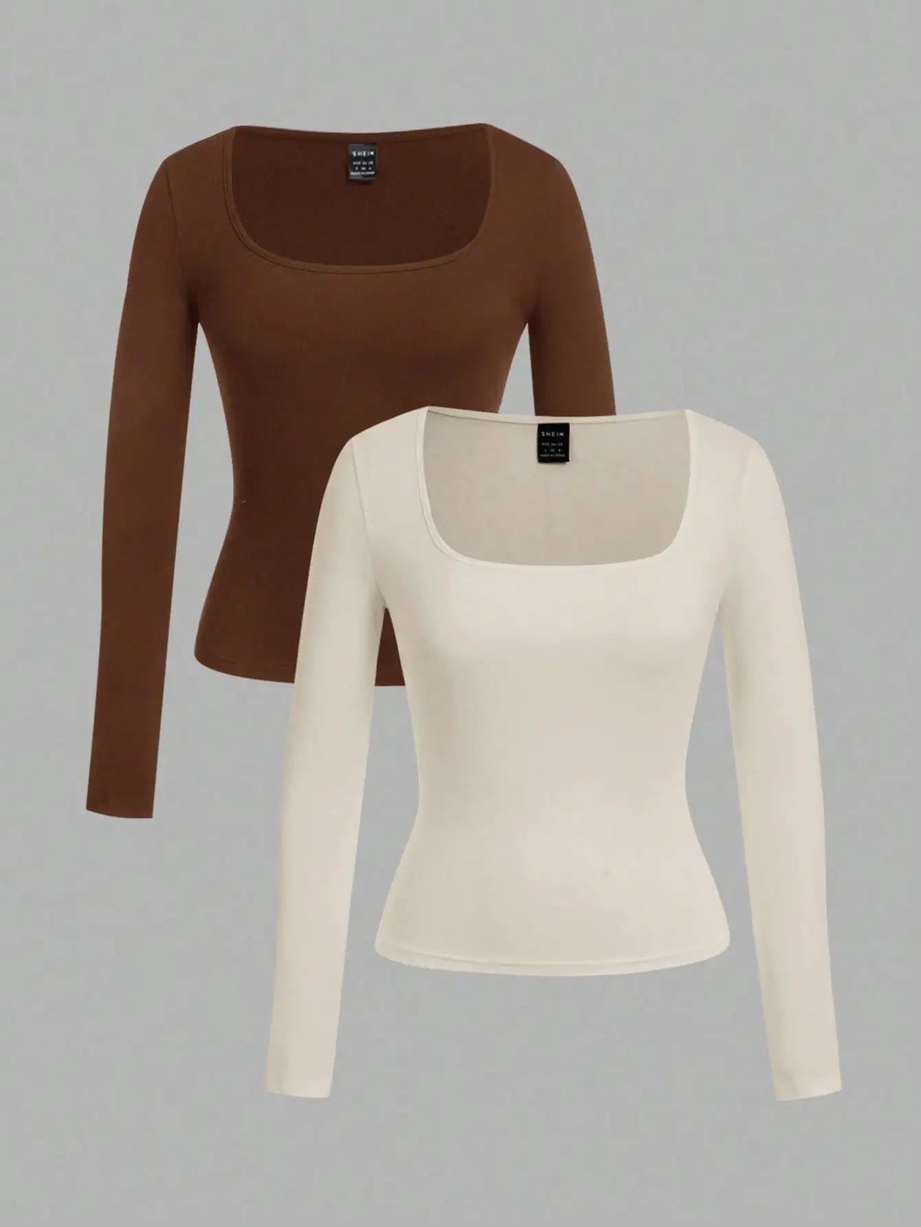 Two-Pack Women's Square Neck Long Sleeve Fitted T-Shirts