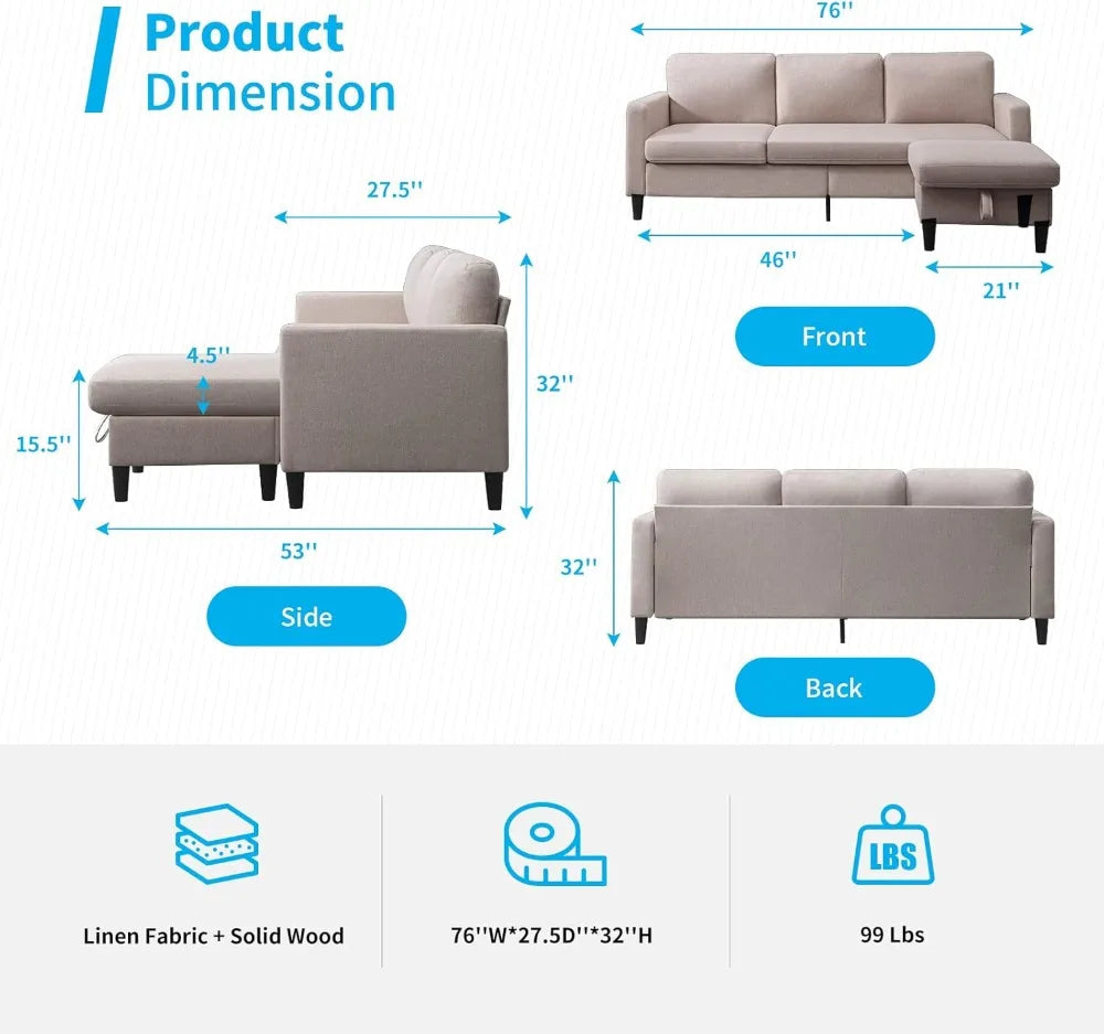 78" Convertible Sectional Sofa Couch for Living Room, L-Shaped Couch with Storage Ottoman, 3-Seat Sofas with Reversible Chaise