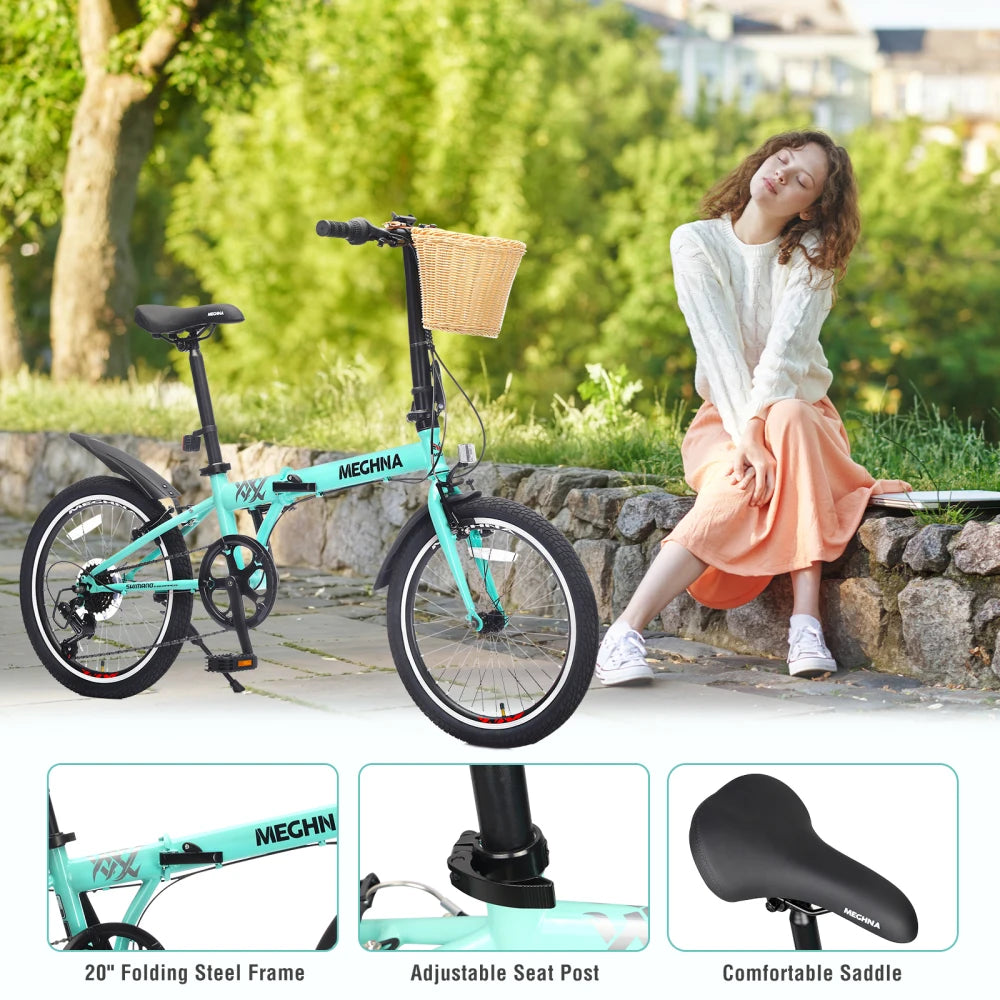 20 Inch Folding Bike for Adults with Basket, Phone Holder & Fenders, 6-Speed Steel Frame City Commuter, Dual V-Brake Portable Compact Bicycle for Men & Women