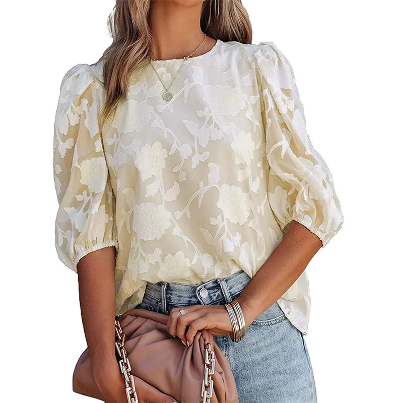 Women Puff Sleeve Chiffon Blouse Floral Lace Trim Loose Fit Tops Elegant Casual Shirt for Women Spring Summer Boho Chic Tunic Te
