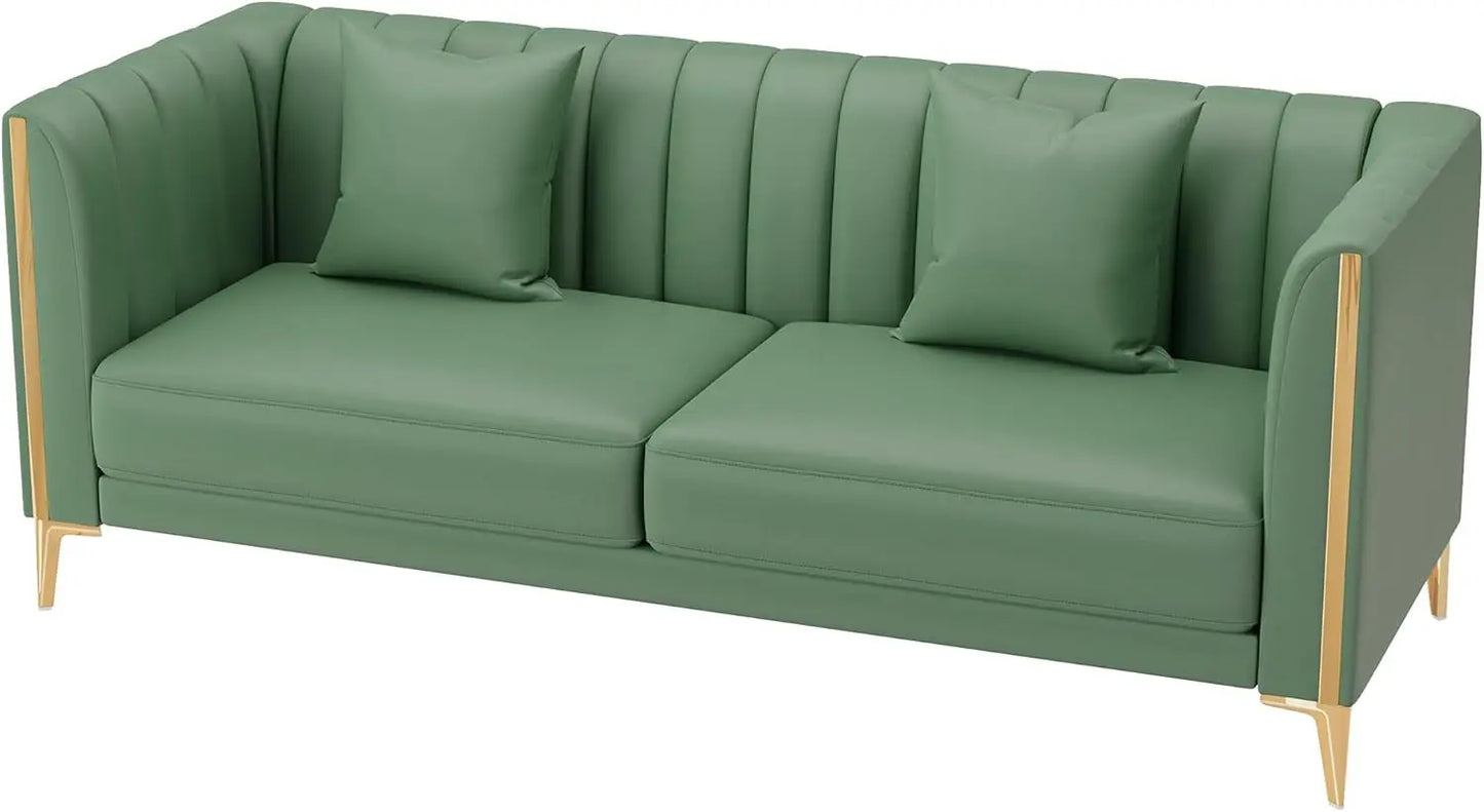 78'' Couch Sofa, Modern White Couches for Living Room with 2 Throw Pillows, Comfy Faux Leather Sofa 3 Seater with Gold Metal Leg