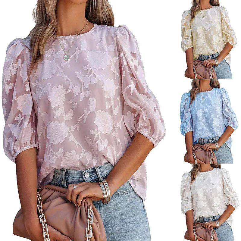 Women Puff Sleeve Chiffon Blouse Floral Lace Trim Loose Fit Tops Elegant Casual Shirt for Women Spring Summer Boho Chic Tunic Te