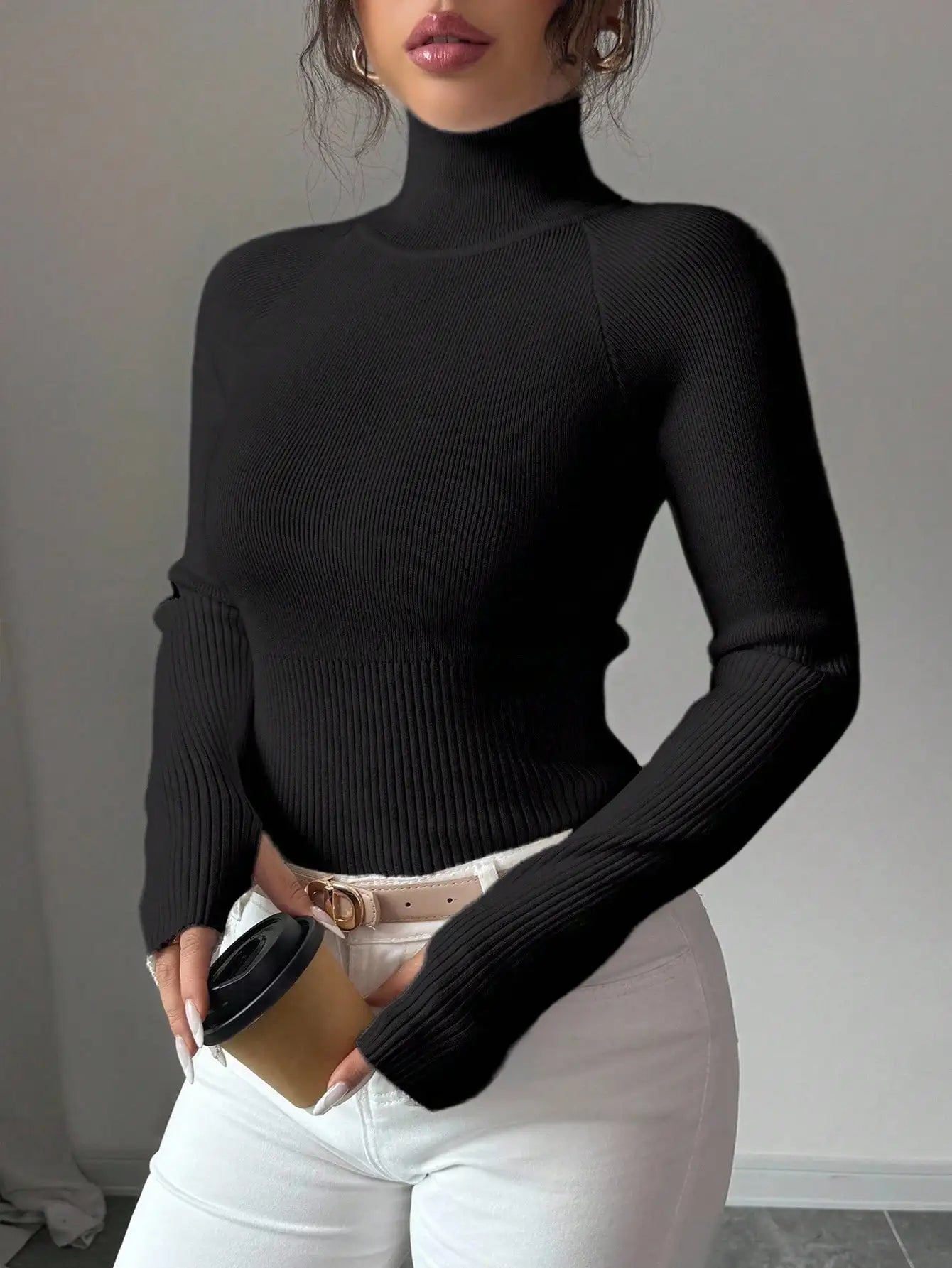 White Ribbed Turtleneck Knit Top for Women - Slim Fit Long Sleeve Sweater for Fall Winter Daily Wear