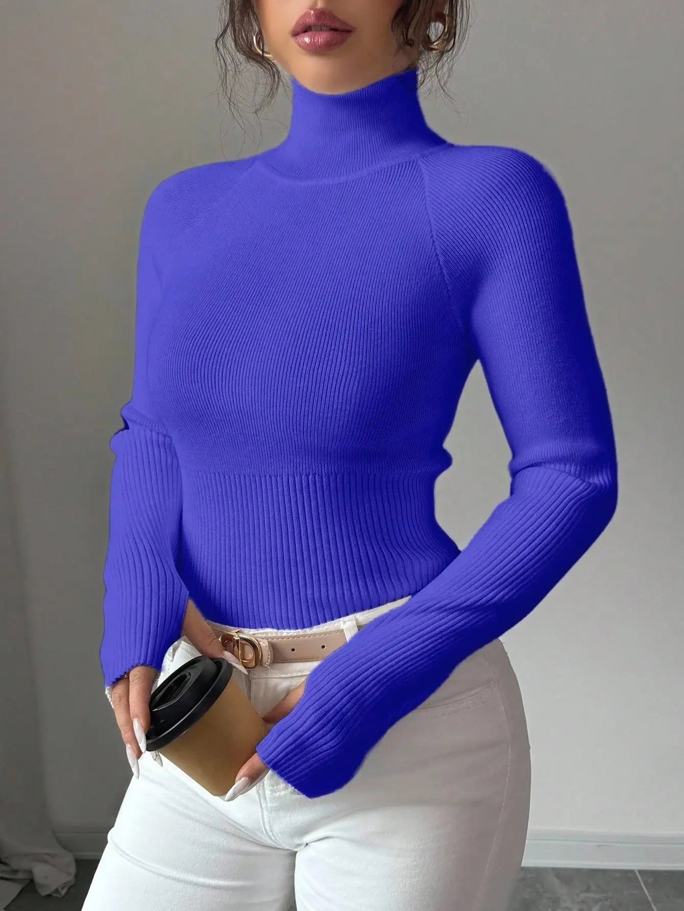 White Ribbed Turtleneck Knit Top for Women - Slim Fit Long Sleeve Sweater for Fall Winter Daily Wear