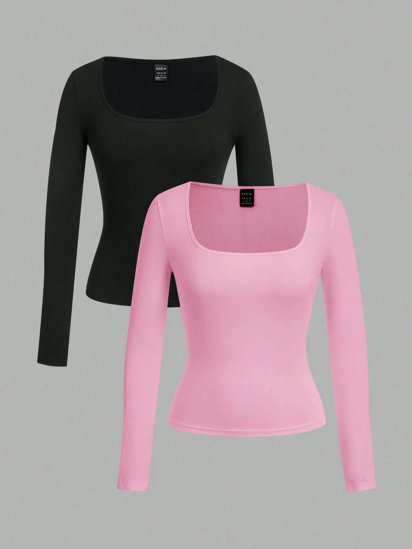 Two-Pack Women's Square Neck Long Sleeve Fitted T-Shirts
