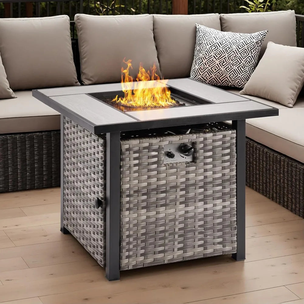 30 Inch Outdoor Patio Fire Pit Table, 50,000 BTU Heater PE Rattan Propane Firepits with Ceramic Tabletop, Waterproof Cover