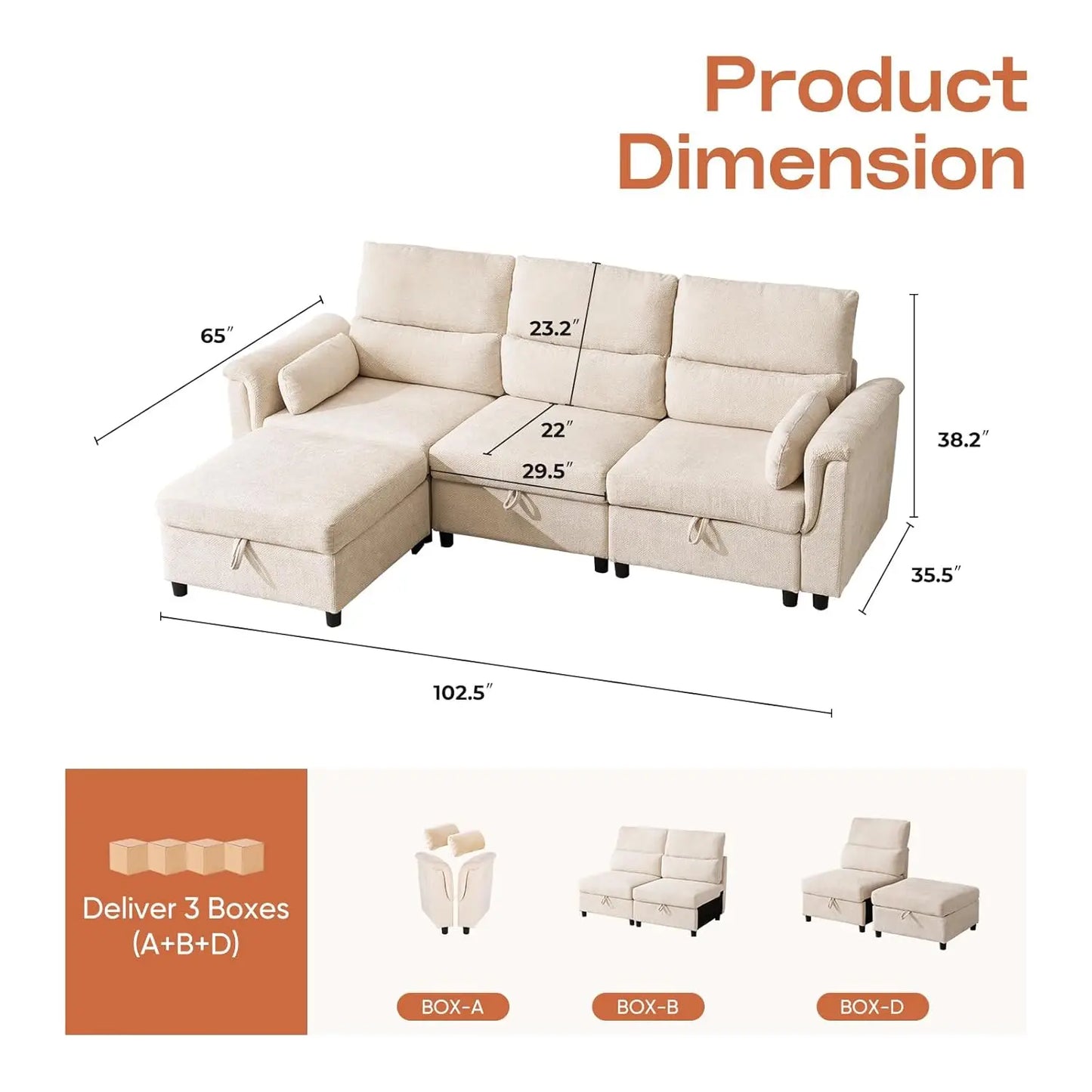 103" Modular Sectional Sofa, L Shaped Modular Sofa with Storage, Comfy Cloud Couch with Movable Ottoman,Deep Seat, Customized