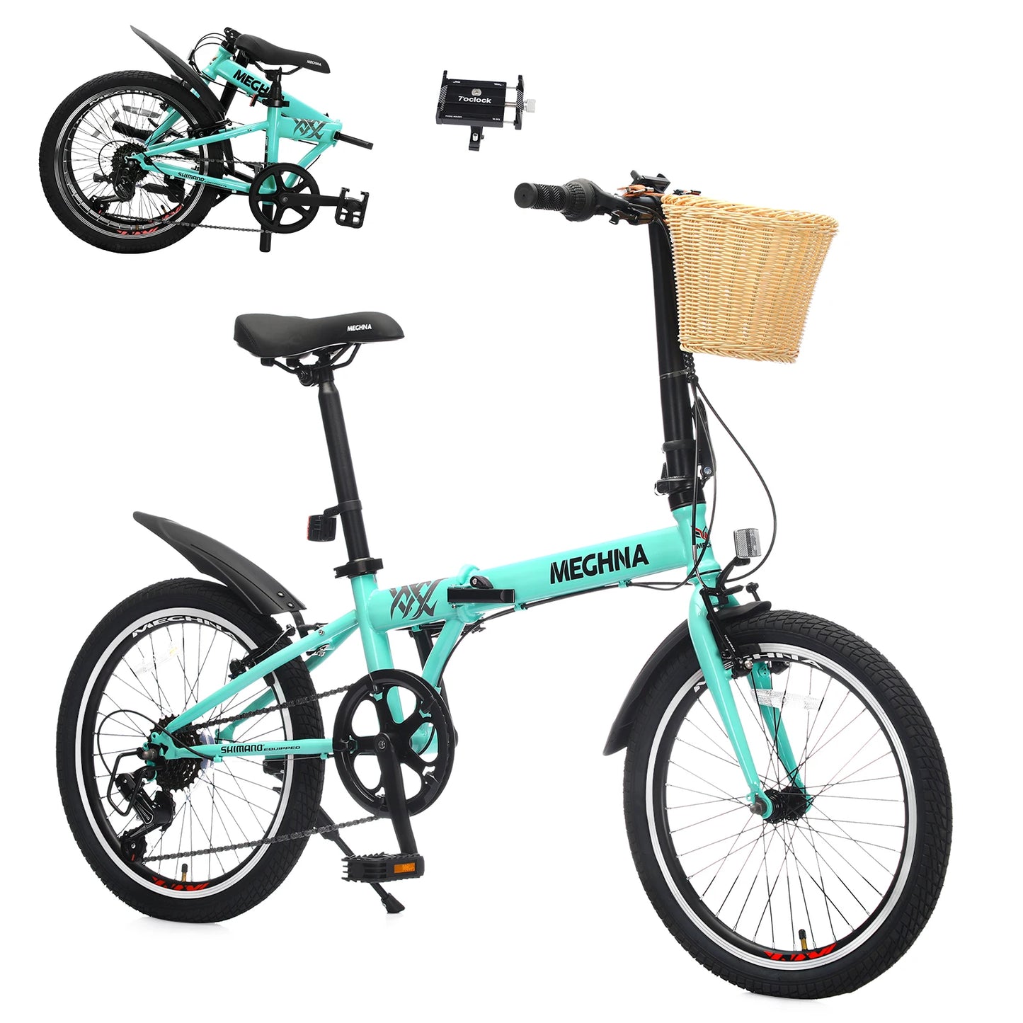 20 Inch Folding Bike for Adults with Basket, Phone Holder & Fenders, 6-Speed Steel Frame City Commuter, Dual V-Brake Portable Compact Bicycle for Men & Women