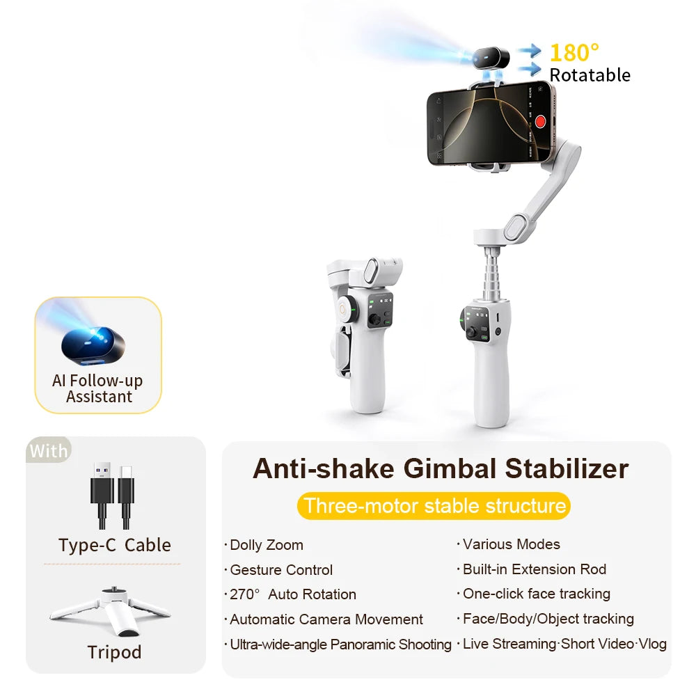 AOCHUAN Smart V8 3-Axis Handheld Gimbal Phone Stabilizer with Extension Rod Tripod Face Tracking for iPhone Android Tiktok Vlog